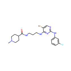 CN1CCC(C(=O)NCCCNc2nc(Nc3cccc(F)c3)ncc2Br)CC1 ZINC000095562274