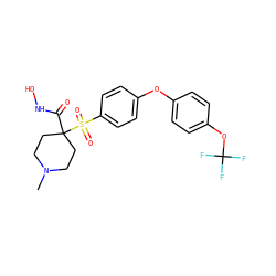 CN1CCC(C(=O)NO)(S(=O)(=O)c2ccc(Oc3ccc(OC(F)(F)F)cc3)cc2)CC1 ZINC000072109672