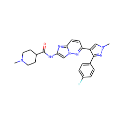 CN1CCC(C(=O)Nc2cn3nc(-c4cn(C)nc4-c4ccc(F)cc4)ccc3n2)CC1 ZINC001772616366