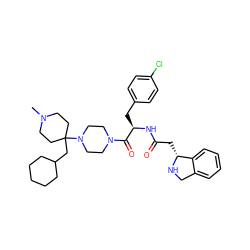 CN1CCC(CC2CCCCC2)(N2CCN(C(=O)[C@@H](Cc3ccc(Cl)cc3)NC(=O)C[C@H]3NCc4ccccc43)CC2)CC1 ZINC000038157817