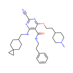 CN1CCC(CCOc2nc(C#N)nc(NCC3CCC4(CC3)CC4)c2C(=O)NCCc2ccccc2)CC1 ZINC000038212212