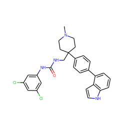 CN1CCC(CNC(=O)Nc2cc(Cl)cc(Cl)c2)(c2ccc(-c3cccc4[nH]ccc34)cc2)CC1 ZINC000095607626