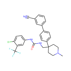 CN1CCC(CNC(=O)Nc2ccc(Cl)c(C(F)(F)F)c2)(c2ccc(-c3cccc(C#N)c3)cc2)CC1 ZINC000028112637