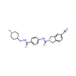 CN1CCC(CNC(=O)c2ccc(NC(=O)N3Cc4ccc(C#N)cc4C3)cc2)CC1 ZINC000167304312