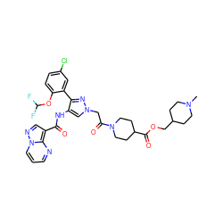 CN1CCC(COC(=O)C2CCN(C(=O)Cn3cc(NC(=O)c4cnn5cccnc45)c(-c4cc(Cl)ccc4OC(F)F)n3)CC2)CC1 ZINC001772577362