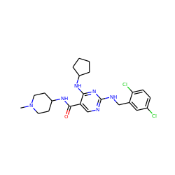 CN1CCC(NC(=O)c2cnc(NCc3cc(Cl)ccc3Cl)nc2NC2CCCC2)CC1 ZINC000095593503