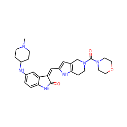 CN1CCC(Nc2ccc3c(c2)/C(=C/c2cc4c([nH]2)CCN(C(=O)N2CCOCC2)C4)C(=O)N3)CC1 ZINC000096272946