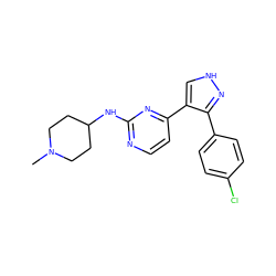 CN1CCC(Nc2nccc(-c3c[nH]nc3-c3ccc(Cl)cc3)n2)CC1 ZINC000040836170