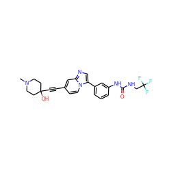 CN1CCC(O)(C#Cc2ccn3c(-c4cccc(NC(=O)NCC(F)(F)F)c4)cnc3c2)CC1 ZINC000139521574