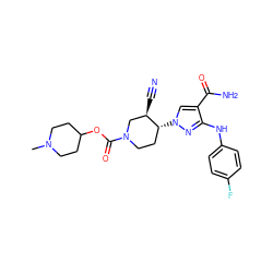 CN1CCC(OC(=O)N2CC[C@@H](n3cc(C(N)=O)c(Nc4ccc(F)cc4)n3)[C@H](C#N)C2)CC1 ZINC000220733618