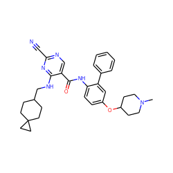 CN1CCC(Oc2ccc(NC(=O)c3cnc(C#N)nc3NCC3CCC4(CC3)CC4)c(-c3ccccc3)c2)CC1 ZINC000044280719