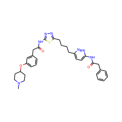 CN1CCC(Oc2cccc(CC(=O)Nc3nnc(CCCCc4ccc(NC(=O)Cc5ccccc5)nn4)s3)c2)CC1 ZINC000169698467