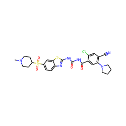 CN1CCC(S(=O)(=O)c2ccc3nc(NC(=O)NC(=O)c4cc(N5CCCC5)c(C#N)cc4Cl)sc3c2)CC1 ZINC000299829001