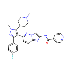 CN1CCC(c2c(-c3ccc4nc(NC(=O)c5ccncc5)cn4n3)c(-c3ccc(F)cc3)nn2C)CC1 ZINC000220873483