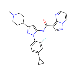 CN1CCC(c2cc(NC(=O)c3cnn4cccnc34)n(-c3ccc(C4CC4)cc3F)n2)CC1 ZINC000204753465