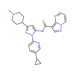 CN1CCC(c2cc(NC(=O)c3cnn4cccnc34)n(-c3ccc(C4CC4)cn3)n2)CC1 ZINC000204756177