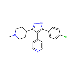 CN1CCC(c2n[nH]c(-c3ccc(Cl)cc3)c2-c2ccncc2)CC1 ZINC000049112958