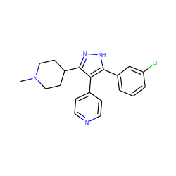 CN1CCC(c2n[nH]c(-c3cccc(Cl)c3)c2-c2ccncc2)CC1 ZINC000049087836