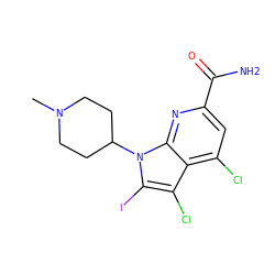 CN1CCC(n2c(I)c(Cl)c3c(Cl)cc(C(N)=O)nc32)CC1 ZINC001772611502