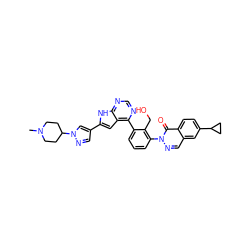 CN1CCC(n2cc(-c3cc4c(-c5cccc(-n6ncc7cc(C8CC8)ccc7c6=O)c5CO)ncnc4[nH]3)cn2)CC1 ZINC001772571637