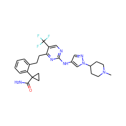 CN1CCC(n2cc(Nc3ncc(C(F)(F)F)c(CCc4ccccc4C4(C(N)=O)CC4)n3)cn2)CC1 ZINC000211051311