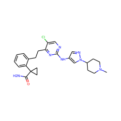 CN1CCC(n2cc(Nc3ncc(Cl)c(CCc4ccccc4C4(C(N)=O)CC4)n3)cn2)CC1 ZINC000211091652