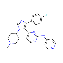 CN1CCC(n2cnc(-c3ccc(F)cc3)c2-c2ccnc(Nc3ccncc3)n2)CC1 ZINC000026720351