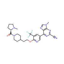 CN1CCC[C@@H]1C(=O)N1CCC(CCOc2ncc(-c3nc(C#N)nc4c3ncn4C)cc2C(F)(F)F)CC1 ZINC001772575757