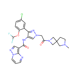 CN1CCC2(C1)CN(C(=O)Cn1cc(NC(=O)c3cnn4cccnc34)c(-c3cc(Cl)ccc3OC(F)F)n1)C2 ZINC001772624761