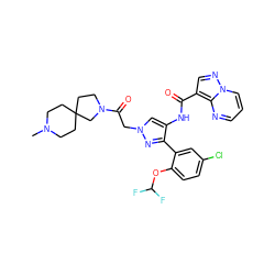 CN1CCC2(CC1)CCN(C(=O)Cn1cc(NC(=O)c3cnn4cccnc34)c(-c3cc(Cl)ccc3OC(F)F)n1)C2 ZINC001772584169