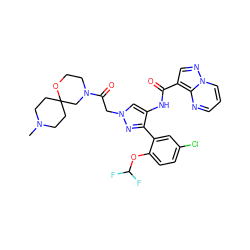 CN1CCC2(CC1)CN(C(=O)Cn1cc(NC(=O)c3cnn4cccnc34)c(-c3cc(Cl)ccc3OC(F)F)n1)CCO2 ZINC001772636017