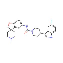 CN1CCC2(CC1)COc1ccc(NC(=O)N3CCC(c4c[nH]c5ccc(F)cc45)CC3)cc12 ZINC000013806251