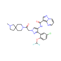 CN1CCC2(CCN(C(=O)Cn3cc(NC(=O)c4cnn5cccnc45)c(-c4cc(Cl)ccc4OC(F)F)n3)CC2)C1 ZINC001772576180