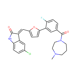 CN1CCCN(C(=O)c2ccc(F)c(-c3ccc(/C=C4/C(=O)Nc5ccc(Cl)cc54)o3)c2)CC1 ZINC000084709259