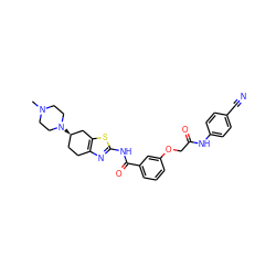 CN1CCN([C@@H]2CCc3nc(NC(=O)c4cccc(OCC(=O)Nc5ccc(C#N)cc5)c4)sc3C2)CC1 ZINC000141662786