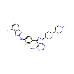 CN1CCN([C@H]2CC[C@H](n3nc(-c4ccc(Nc5nc6cccc(Cl)c6o5)c(F)c4)c4c(N)ncnc43)CC2)CC1 ZINC000101367499