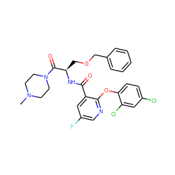 CN1CCN(C(=O)[C@@H](COCc2ccccc2)NC(=O)c2cc(F)cnc2Oc2ccc(Cl)cc2Cl)CC1 ZINC000073168757