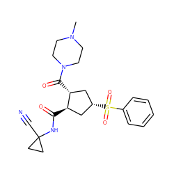 CN1CCN(C(=O)[C@@H]2C[C@H](S(=O)(=O)c3ccccc3)C[C@H]2C(=O)NC2(C#N)CC2)CC1 ZINC000103240549