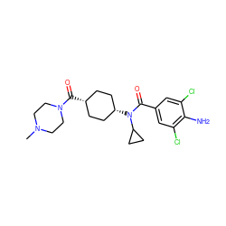 CN1CCN(C(=O)[C@H]2CC[C@@H](N(C(=O)c3cc(Cl)c(N)c(Cl)c3)C3CC3)CC2)CC1 ZINC000253731982