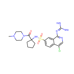 CN1CCN(C(=O)C2(NS(=O)(=O)c3ccc4c(Cl)cnc(N=C(N)N)c4c3)CCCC2)CC1 ZINC000014960862