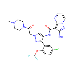 CN1CCN(C(=O)Cn2cc(NC(=O)c3c(N)nn4cccnc34)c(-c3cc(Cl)ccc3OC(F)F)n2)CC1 ZINC001772613048