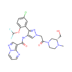 CN1CCN(C(=O)Cn2cc(NC(=O)c3cnn4cccnc34)c(-c3cc(Cl)ccc3OC(F)F)n2)C[C@@H]1CO ZINC001772639650