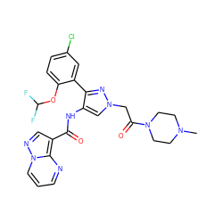 CN1CCN(C(=O)Cn2cc(NC(=O)c3cnn4cccnc34)c(-c3cc(Cl)ccc3OC(F)F)n2)CC1 ZINC001772657551