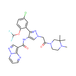 CN1CCN(C(=O)Cn2cc(NC(=O)c3cnn4cccnc34)c(-c3cc(Cl)ccc3OC(F)F)n2)CC1(C)C ZINC001772576214