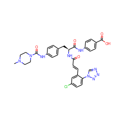 CN1CCN(C(=O)Nc2ccc(C[C@H](NC(=O)/C=C/c3cc(Cl)ccc3-n3cnnn3)C(=O)Nc3ccc(C(=O)O)cc3)cc2)CC1 ZINC000653705326