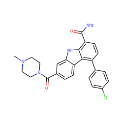 CN1CCN(C(=O)c2ccc3c(c2)[nH]c2c(C(N)=O)ccc(-c4ccc(Cl)cc4)c23)CC1 ZINC000473122629