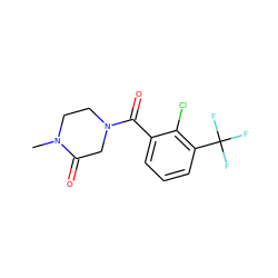 CN1CCN(C(=O)c2cccc(C(F)(F)F)c2Cl)CC1=O ZINC000043204689