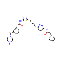 CN1CCN(C(=O)c2cccc(CC(=O)Nc3nnc(CCCCc4ccc(NC(=O)Cc5ccccc5)nn4)s3)c2)CC1 ZINC000169698404