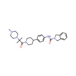 CN1CCN(C(C)(C)C(=O)N2CCC(c3ccc(NC(=O)N4Cc5ccccc5C4)cc3)CC2)CC1 ZINC001772610593