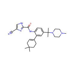 CN1CCN(C(C)(C)c2ccc(NC(=O)c3nc(C#N)c[nH]3)c(C3=CCC(C)(C)CC3)c2)CC1 ZINC000098052877